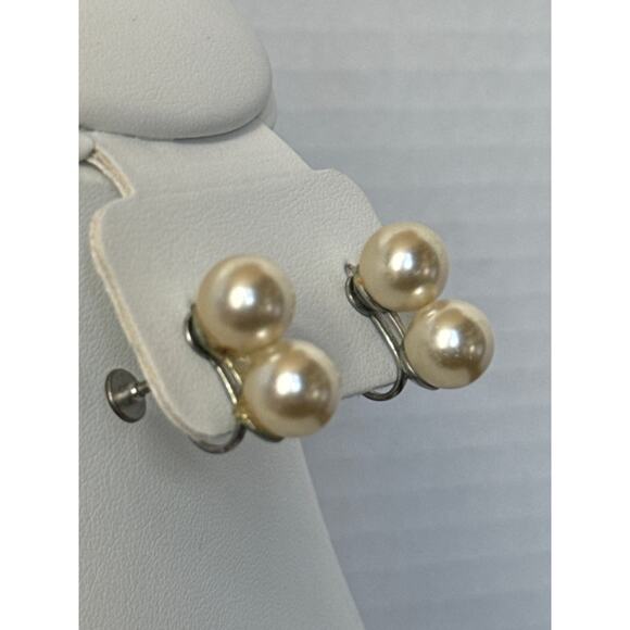 Antique Edwardian  Art Deco Vintage silver double pearl drop screwback earrings - Picture 7 of 10